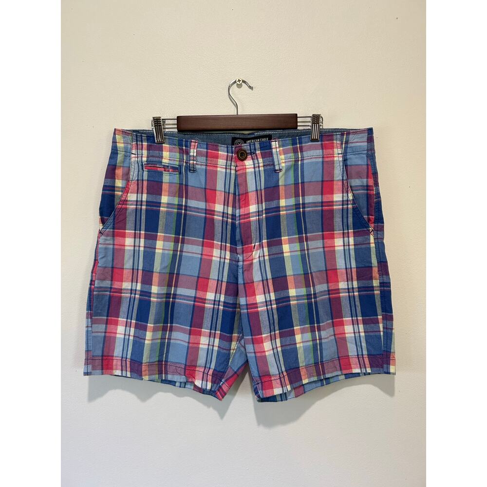 American Eagle checkered madras shorts mens size 36 blue red 7 in inseam